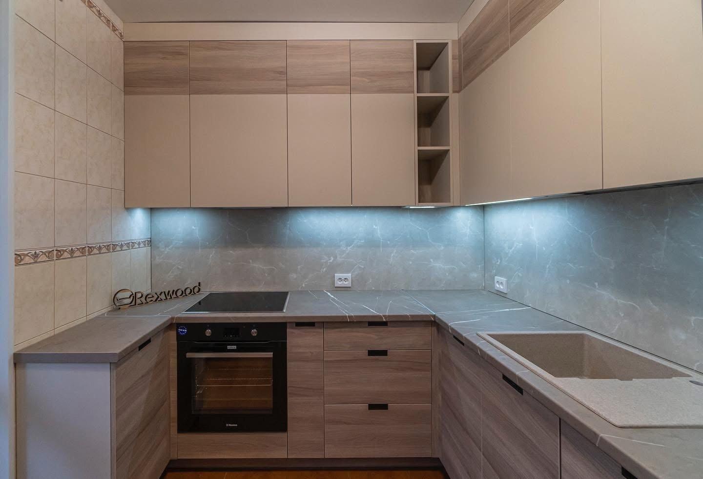 Beige & Woodgrain U-Shaped Kitchen with Grey Marble-Effect Worktop — 2