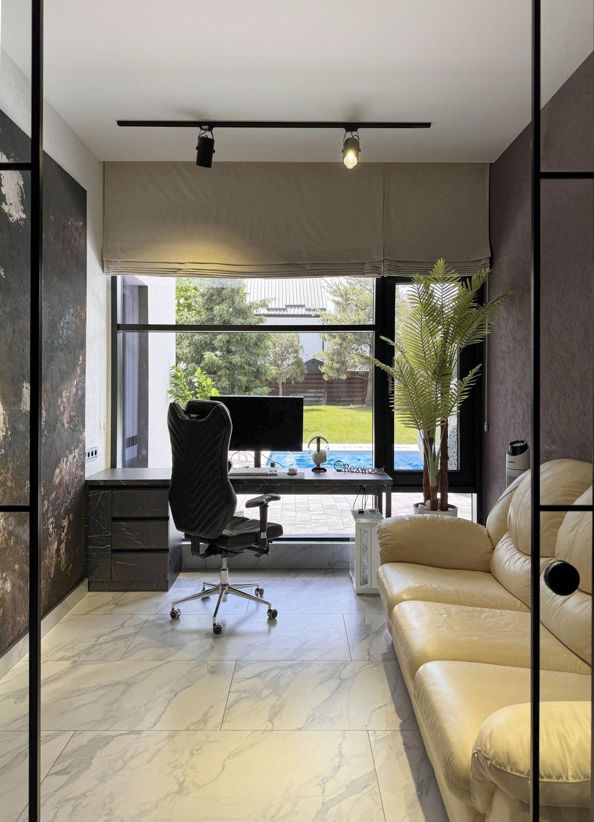 Dark Stone-Effect Desk with Garden View