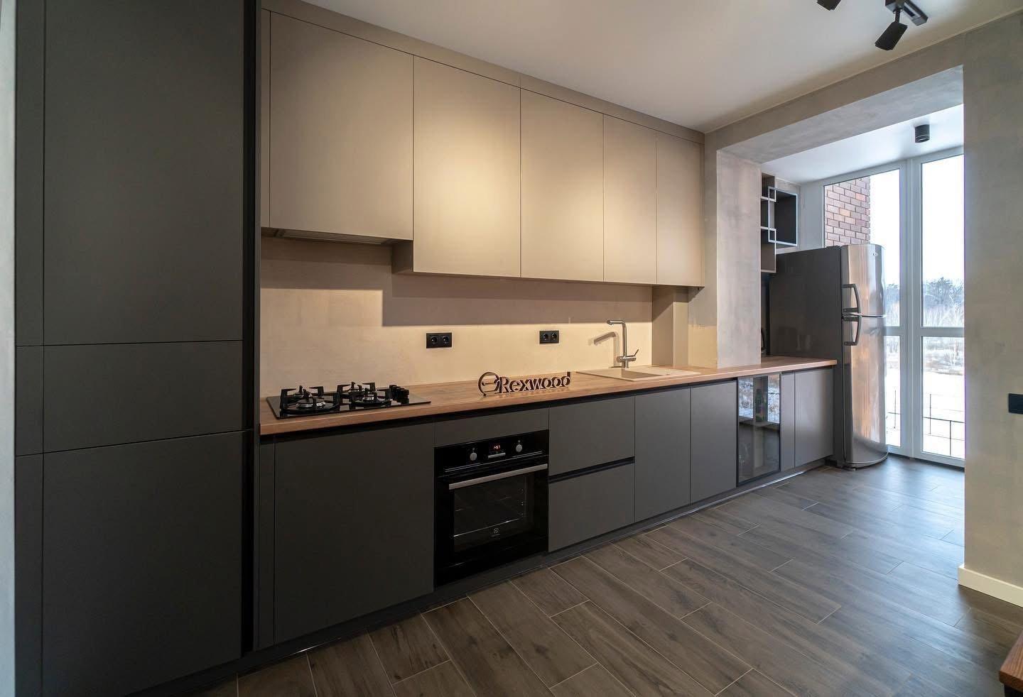 Graphite & Greige Single-Wall Kitchen with Glass-Fronted Bar Cabinet — 2