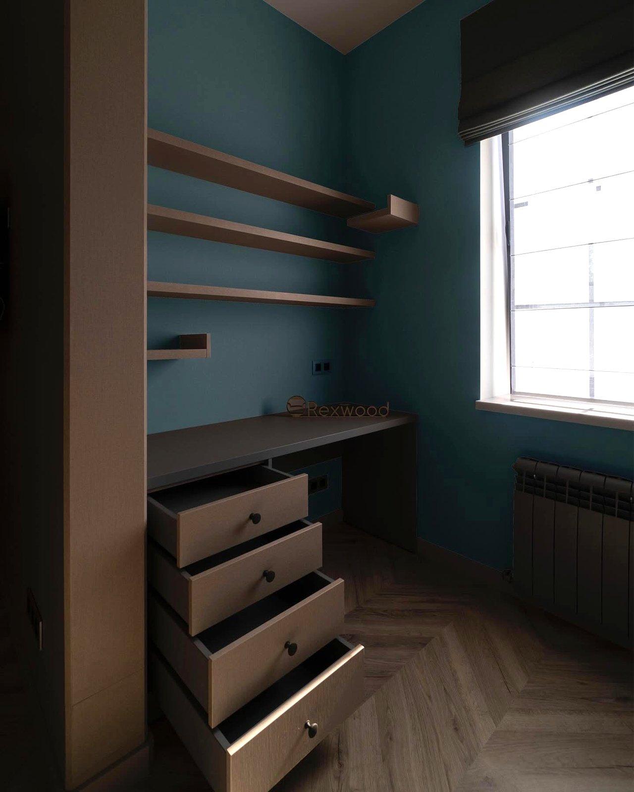 Taupe Study Nook with Floating Shelves — 2