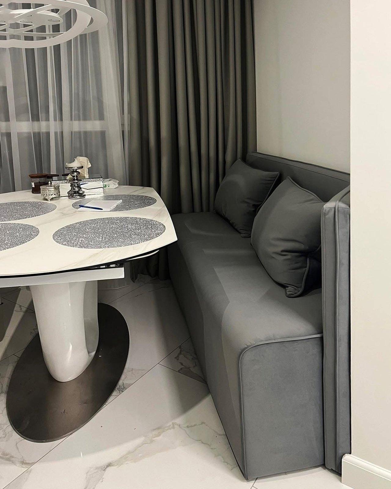 Upholstered Dining Bench with Sculptural Pedestal Table