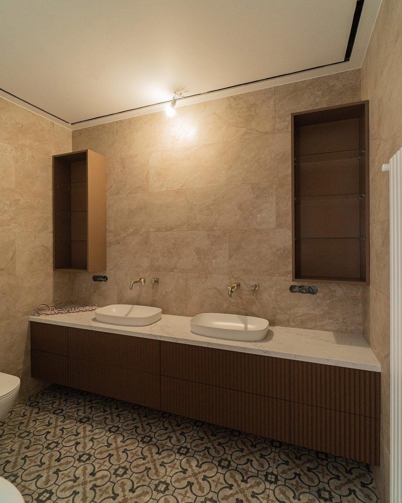 Bathroom with Terracotta Fluted Double Vanity & Open Wall Units