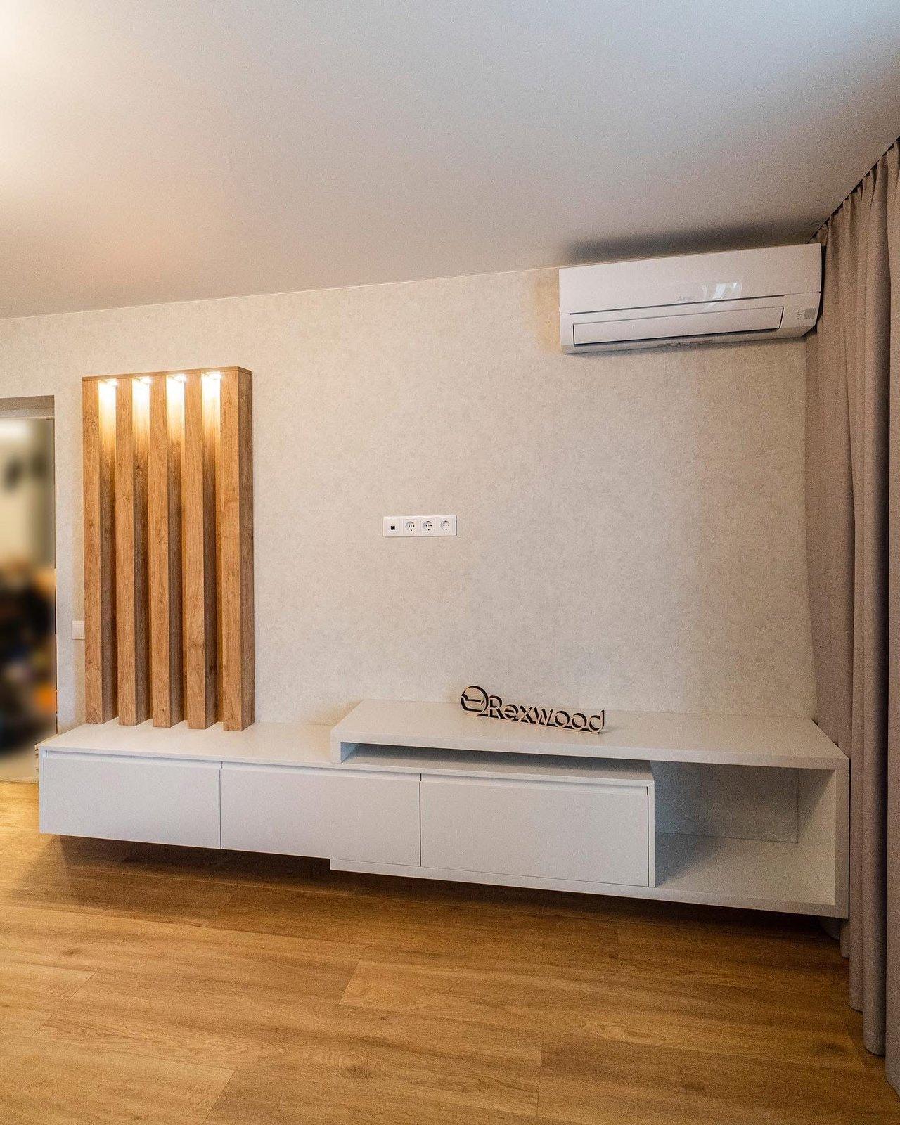 White Floating Media Console with Lit Oak Slat Panel