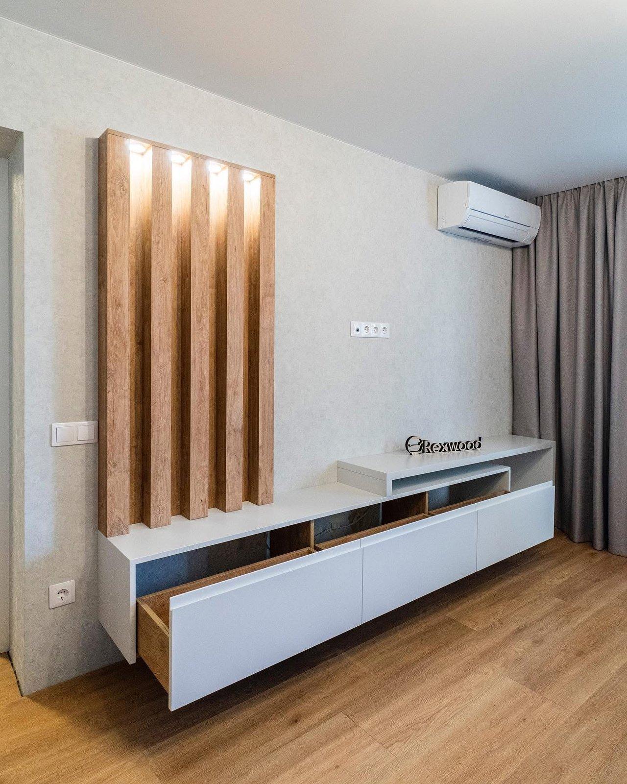 White Floating Media Console with Lit Oak Slat Panel — 2