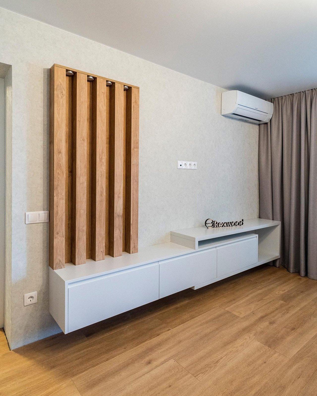 White Floating Media Console with Lit Oak Slat Panel — 3