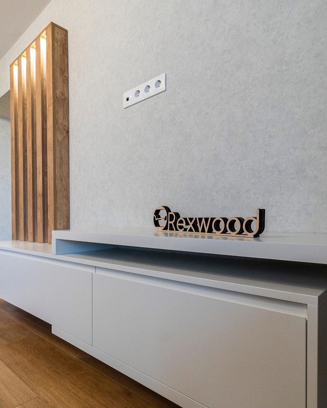 White Floating Media Console with Lit Oak Slat Panel — 4