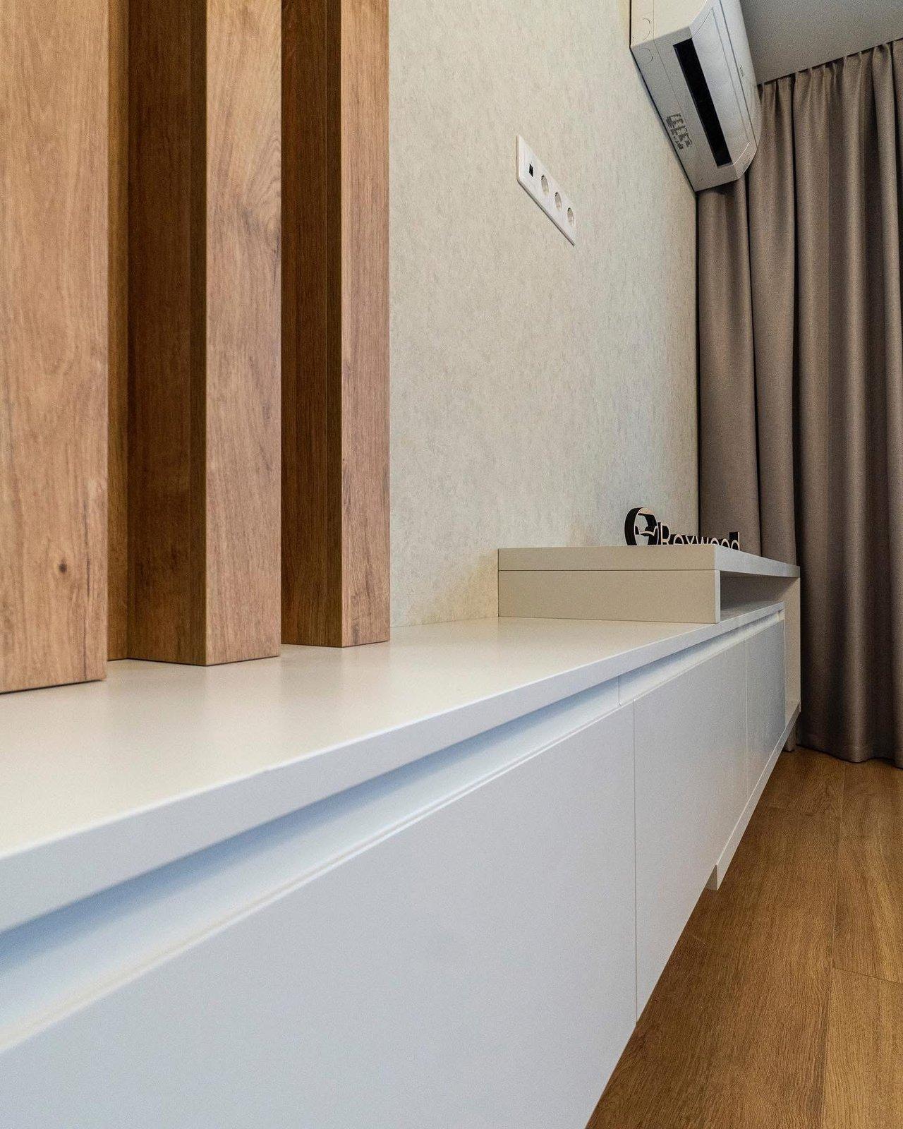 White Floating Media Console with Lit Oak Slat Panel — 5