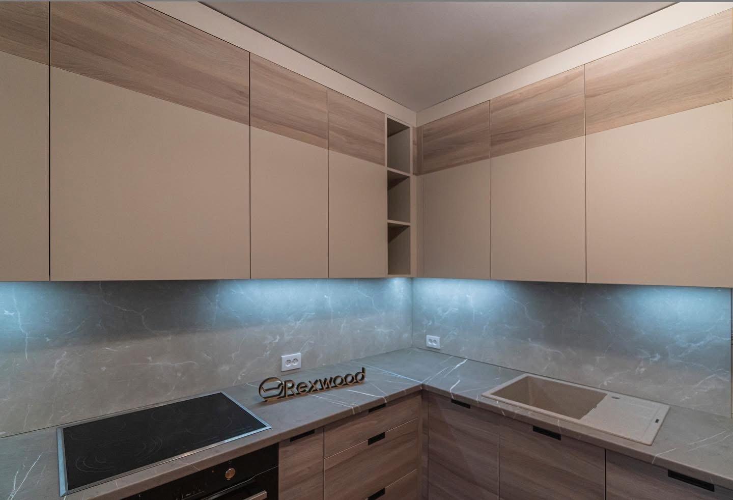 Beige & Woodgrain U-Shaped Kitchen with Grey Marble-Effect Worktop — 3