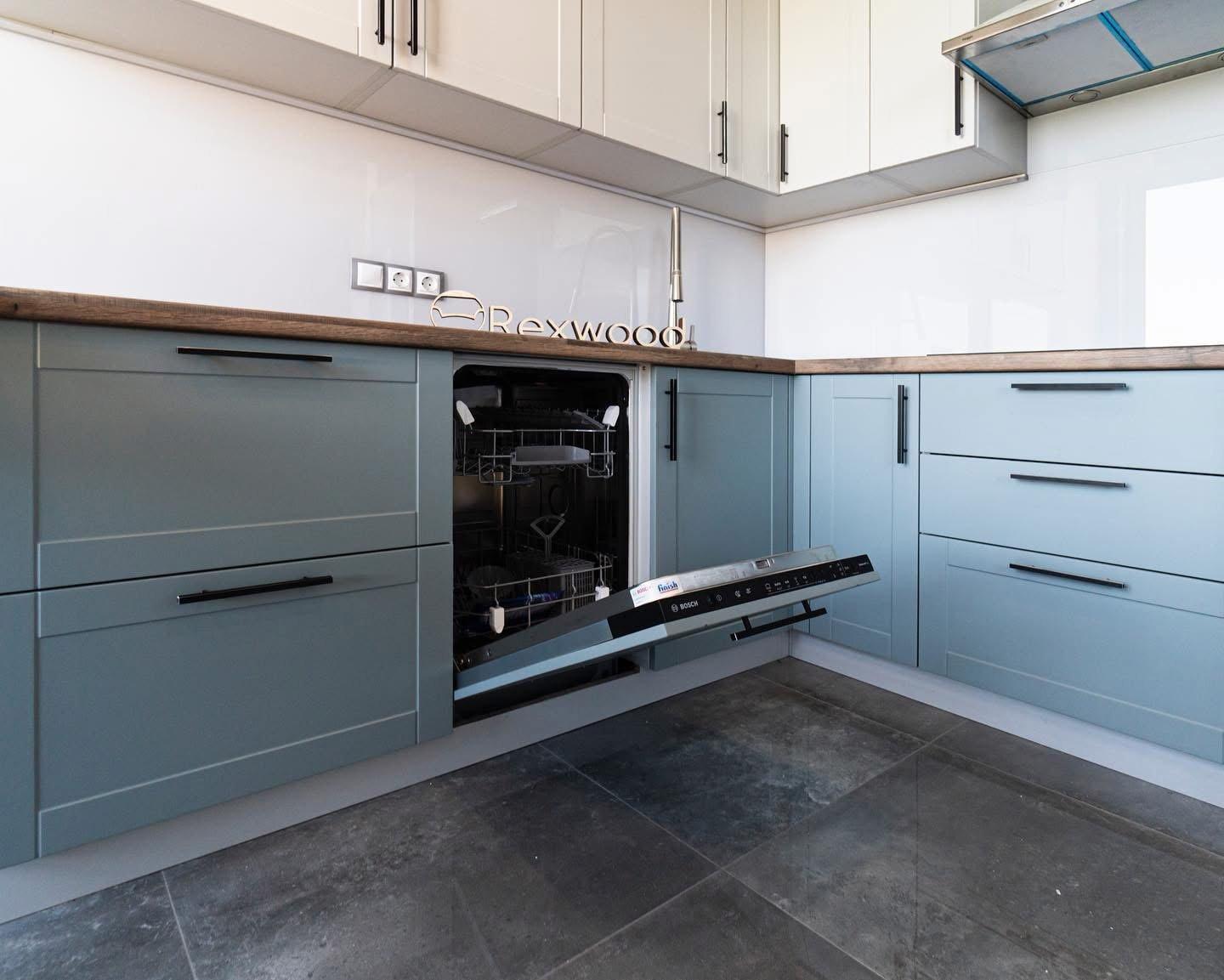 Blue and Cream Shaker U-Shaped Kitchen with Wood Bar — 5