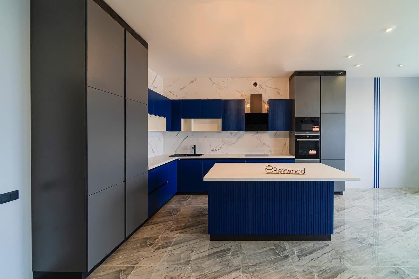 Cobalt & Graphite Kitchen with Fluted Island