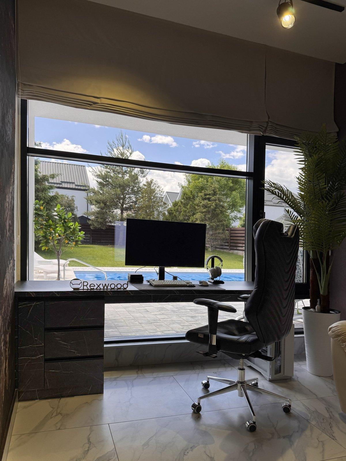 Dark Stone-Effect Desk with Garden View — 2