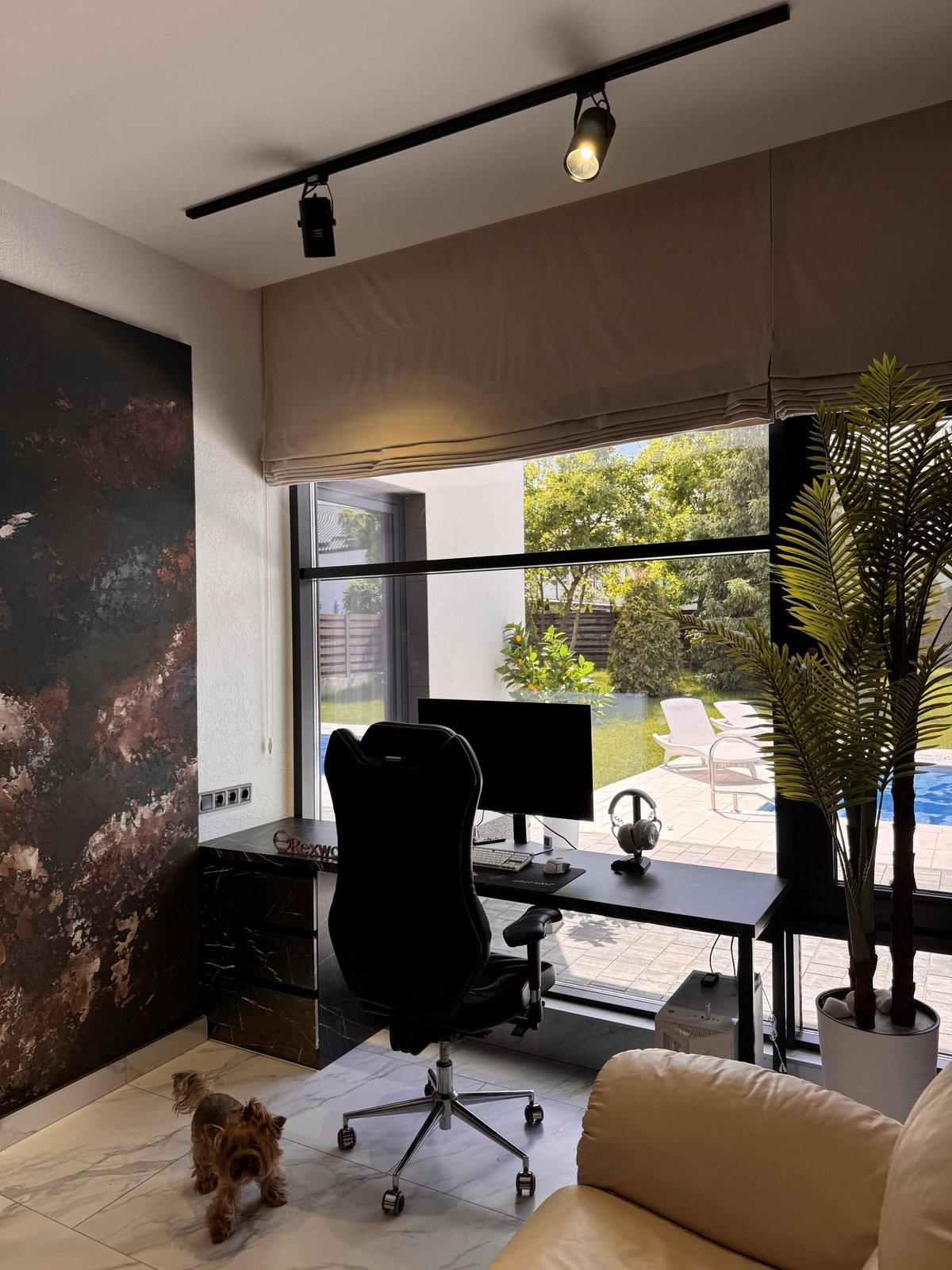 Dark Stone-Effect Desk with Garden View — 3
