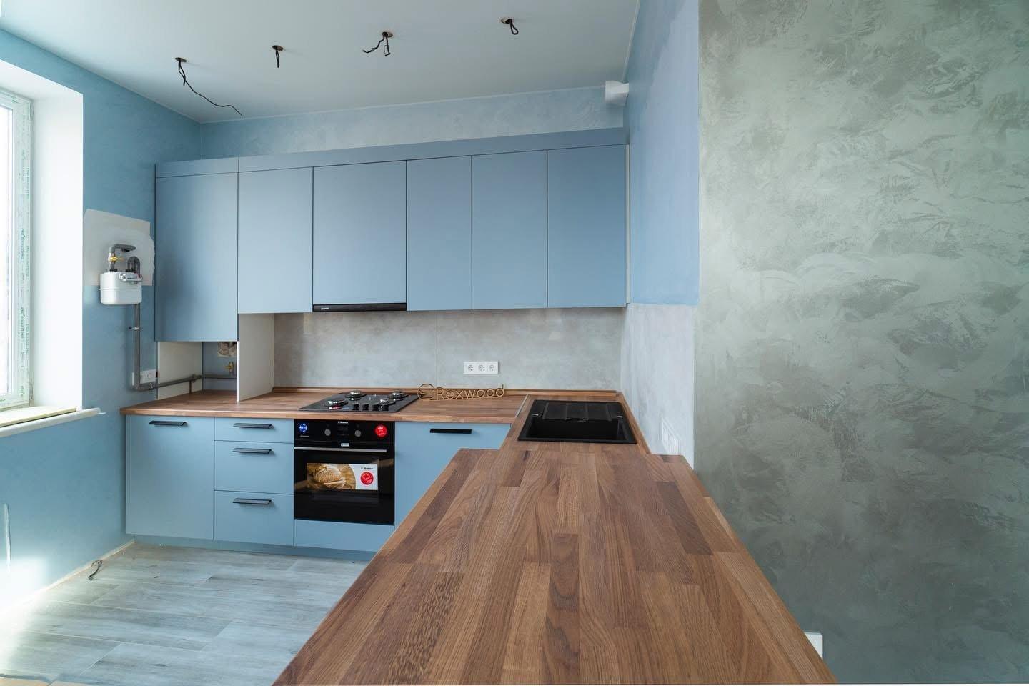 Dusty Blue Kitchen with Solid Wood Worktop — 2