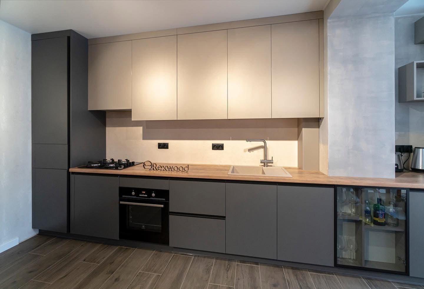 Graphite & Greige Single-Wall Kitchen with Glass-Fronted Bar Cabinet — 4