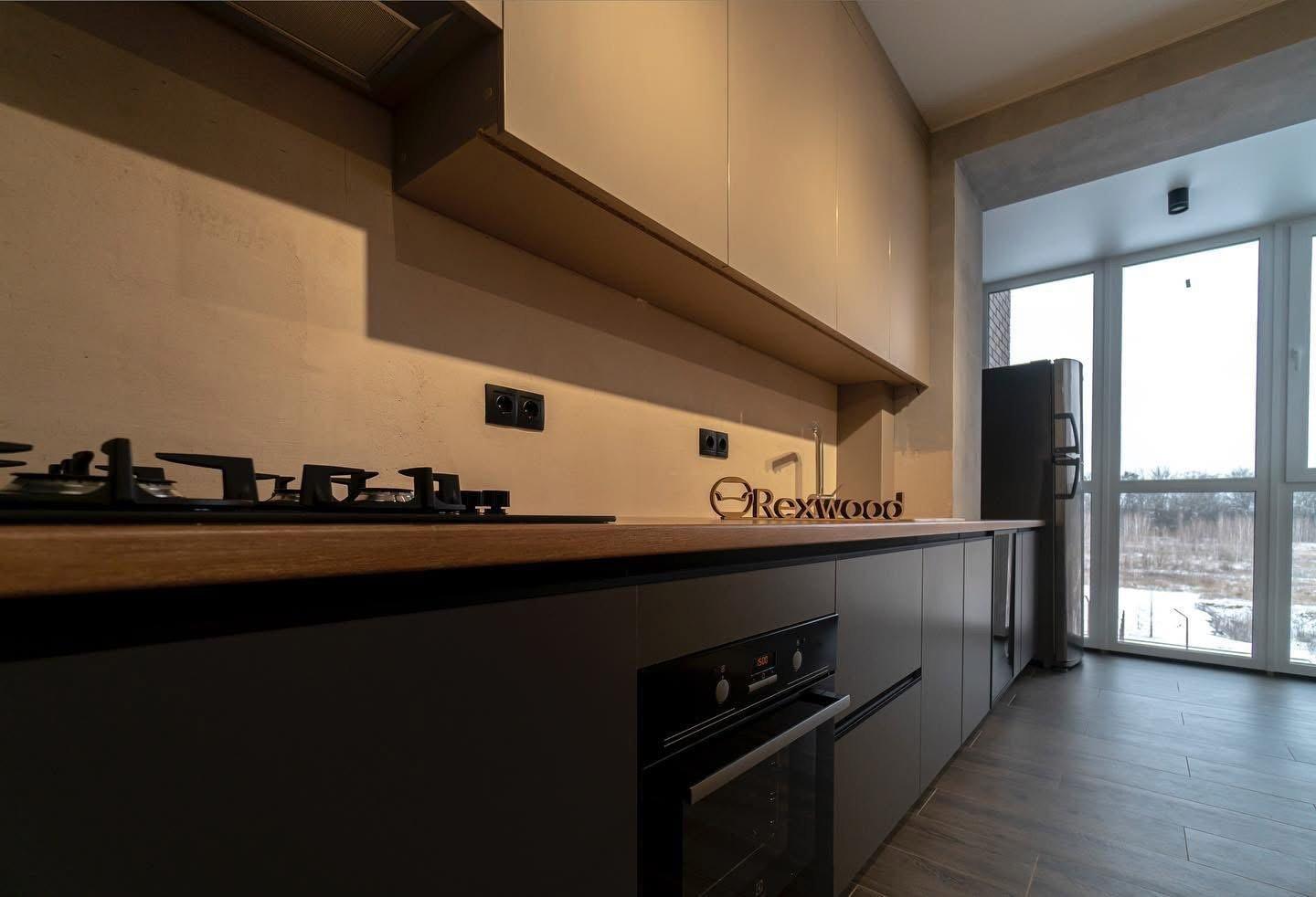 Graphite & Greige Single-Wall Kitchen with Glass-Fronted Bar Cabinet — 6