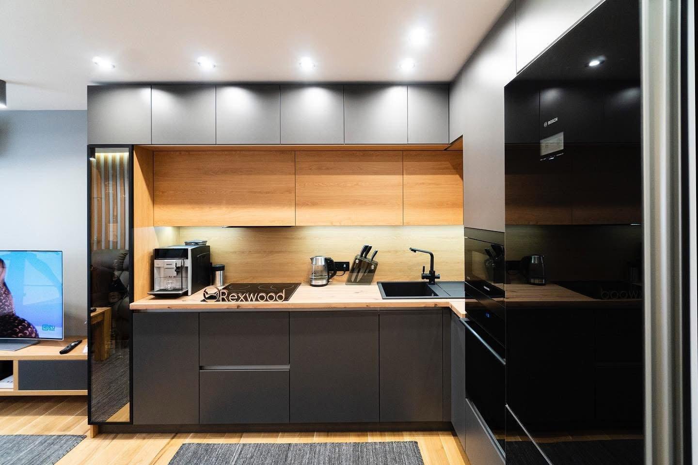 Graphite & Oak Kitchen with Smoked Glass Vitrine
