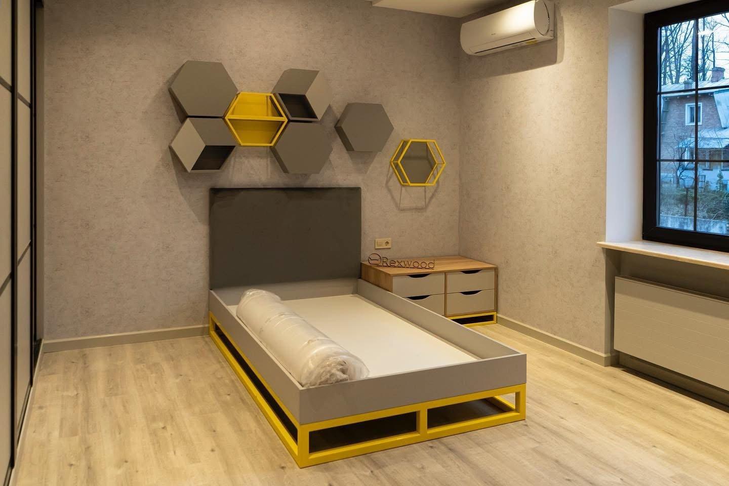 Grey & Oak Bedroom with Yellow Steel Accents — 2