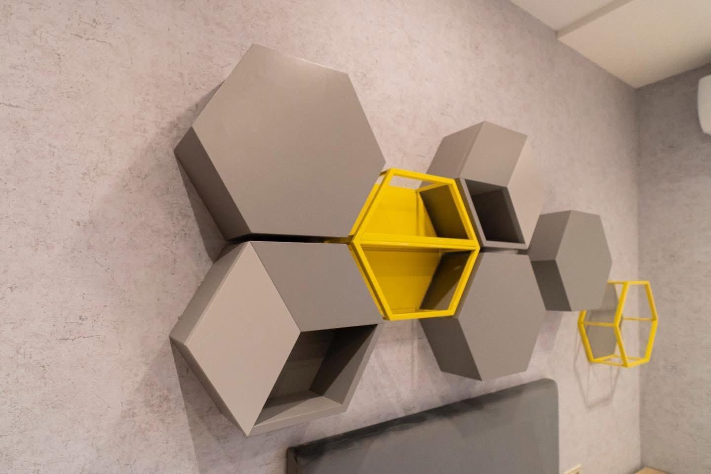 Grey & Oak Bedroom with Yellow Steel Accents — 3