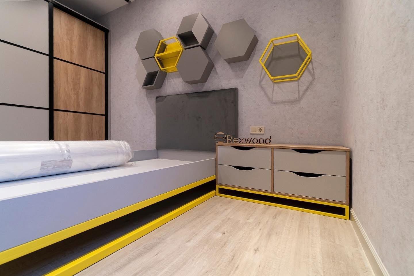 Grey & Oak Bedroom with Yellow Steel Accents — 4