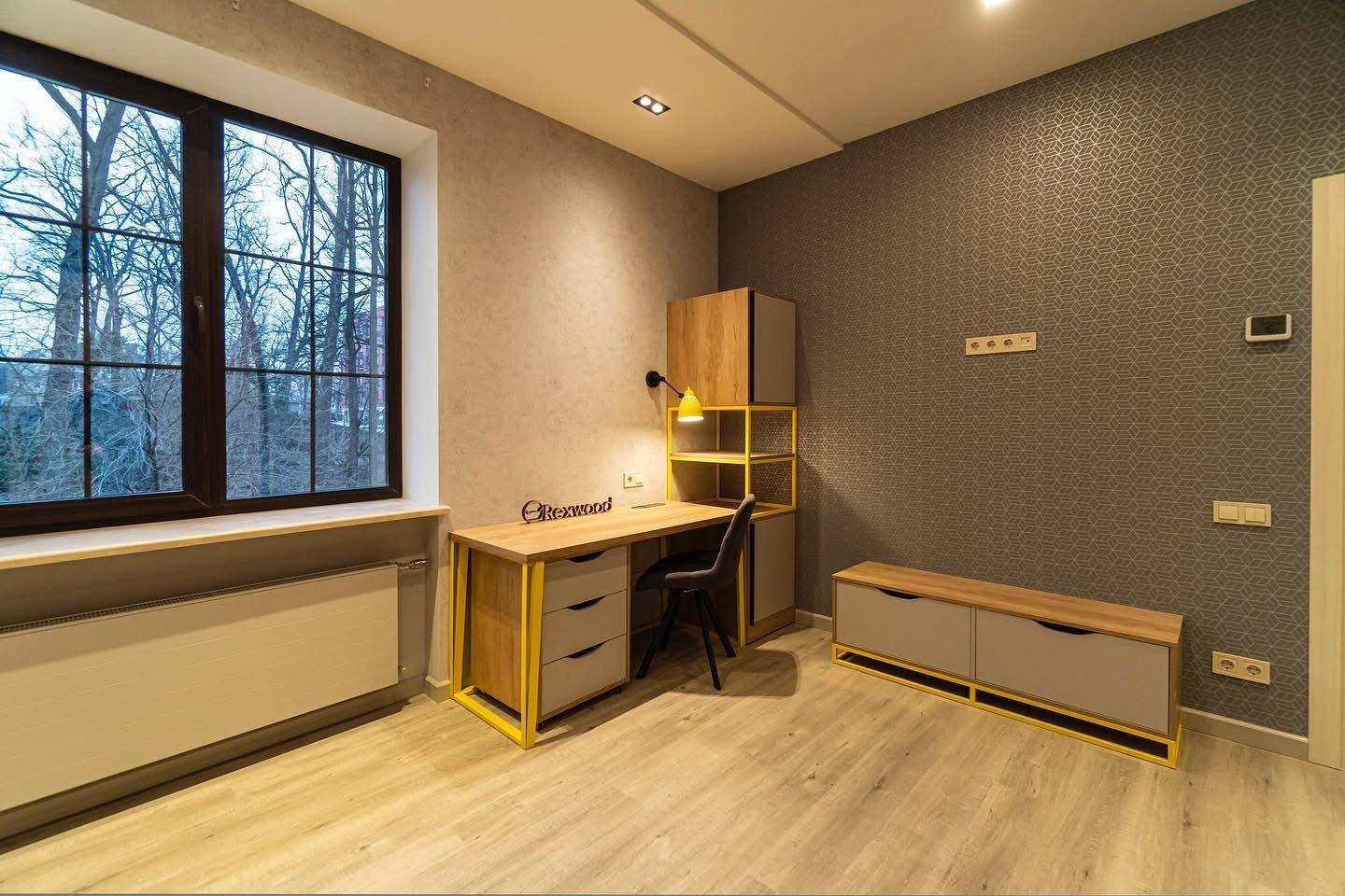 Grey & Oak Bedroom with Yellow Steel Accents — 5