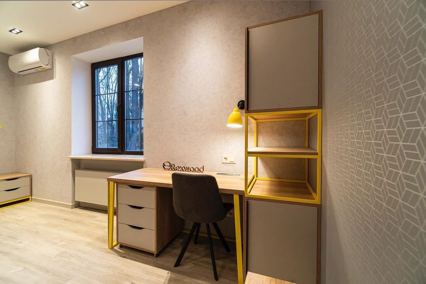 Grey & Oak Bedroom with Yellow Steel Accents — 8