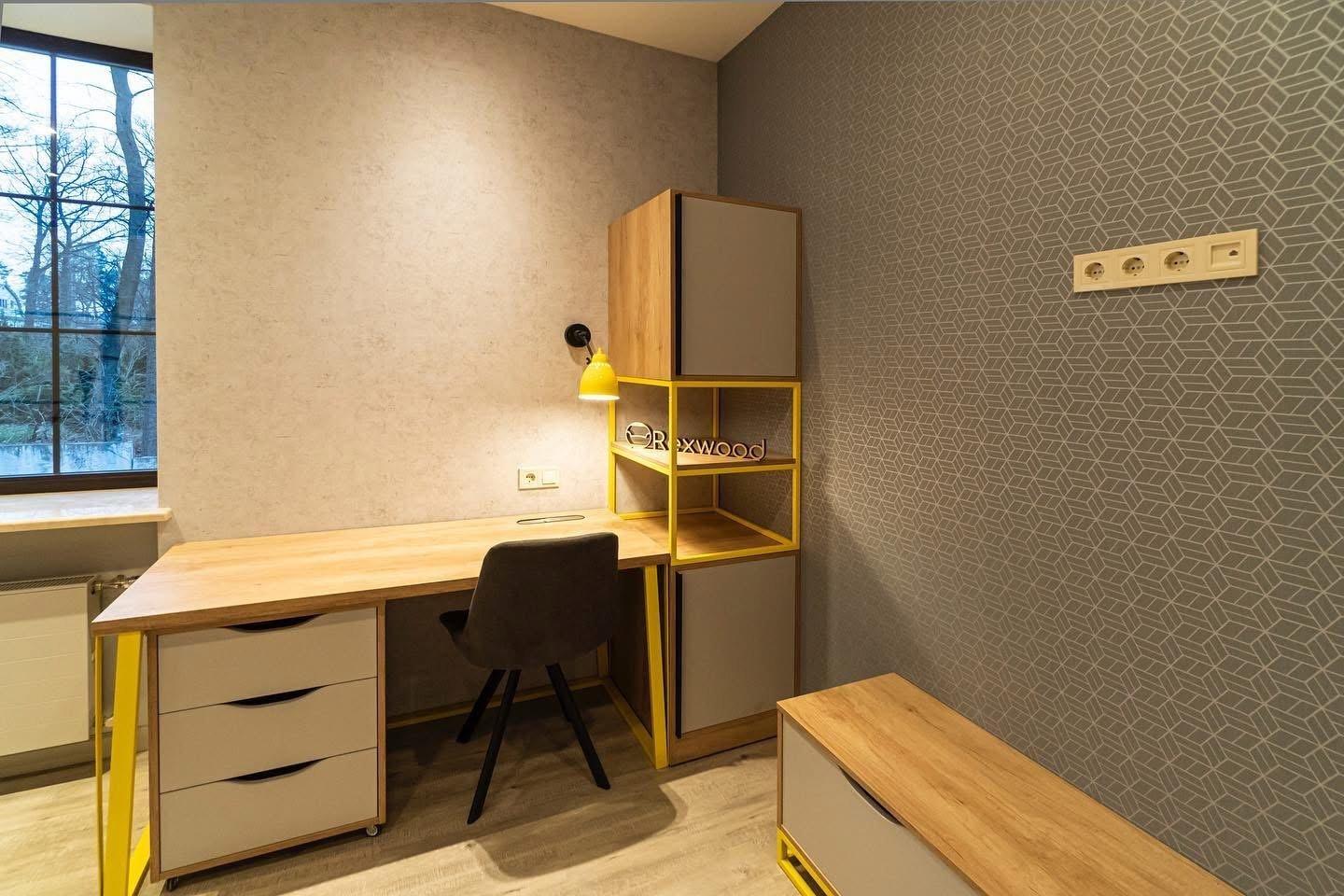 Grey & Oak Bedroom with Yellow Steel Accents — 9