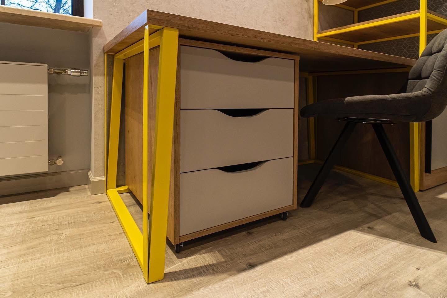 Grey & Oak Bedroom with Yellow Steel Accents — 10