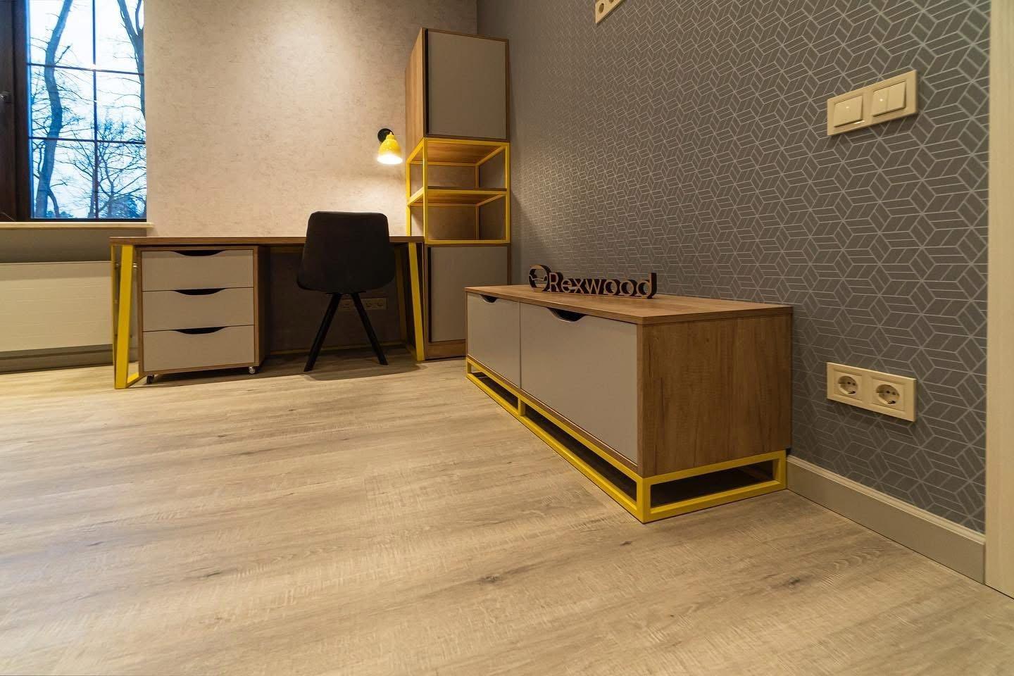 Grey & Oak Bedroom with Yellow Steel Accents — 11