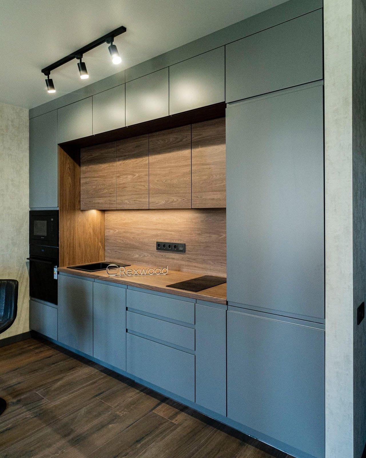 Grey Kitchen with Wood Niche & Bar Table — 2