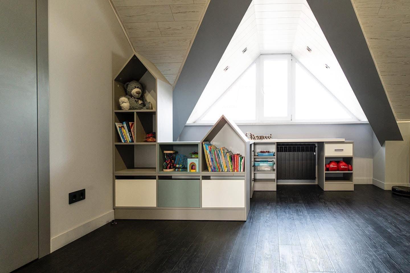 Attic Playroom with House-Shaped Shelving — 4