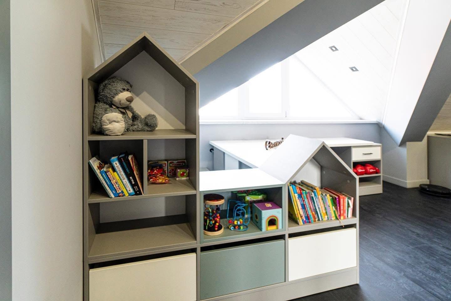 Attic Playroom with House-Shaped Shelving — 6