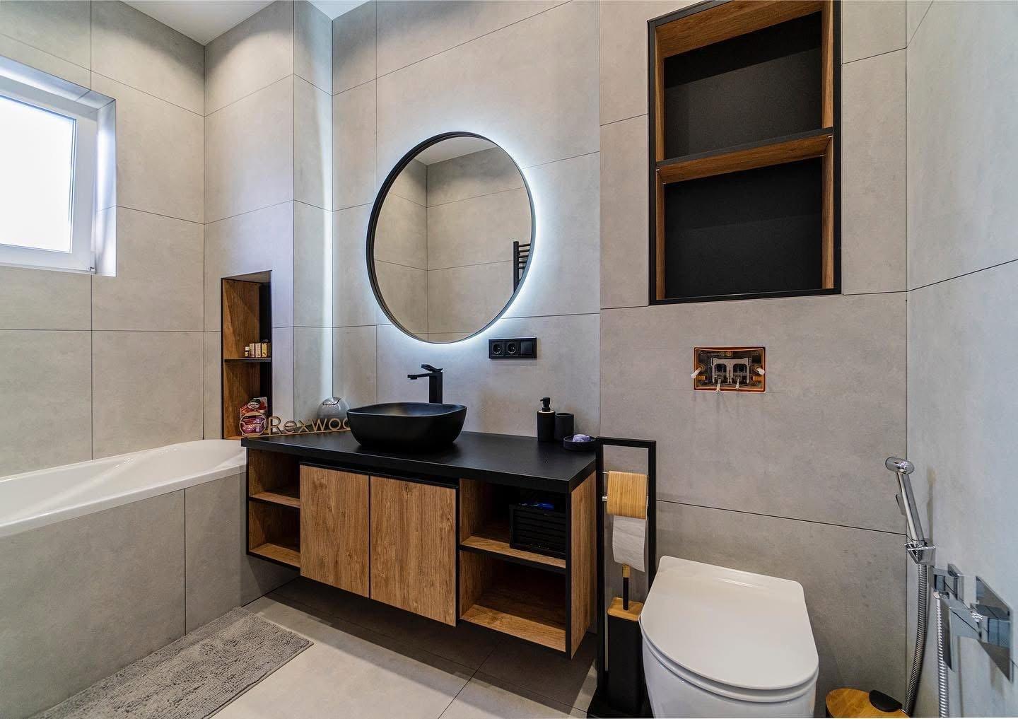 Bathroom with Oak & Black Steel-Frame Floating Vanity