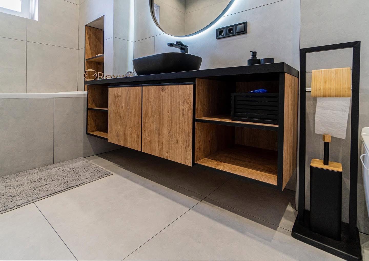 Bathroom with Oak & Black Steel-Frame Floating Vanity — 2