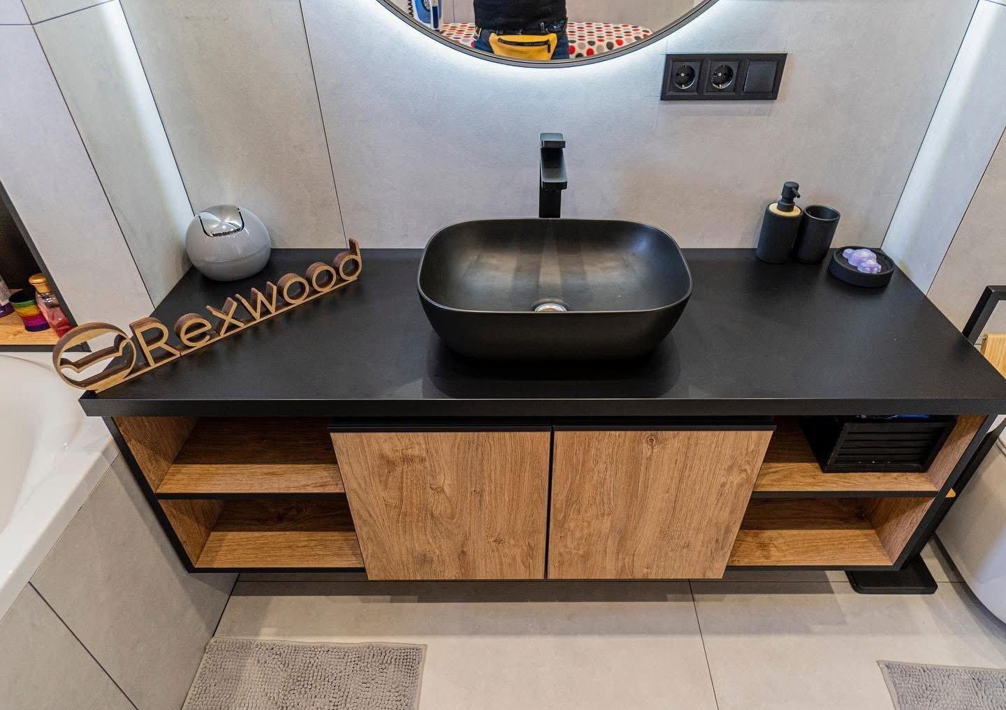 Bathroom with Oak & Black Steel-Frame Floating Vanity — 3