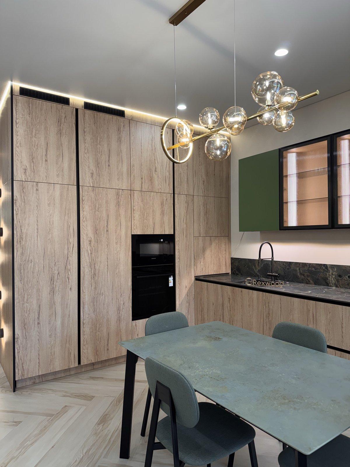 Oak Kitchen with Green Fluted-Glass Cabinets — 4