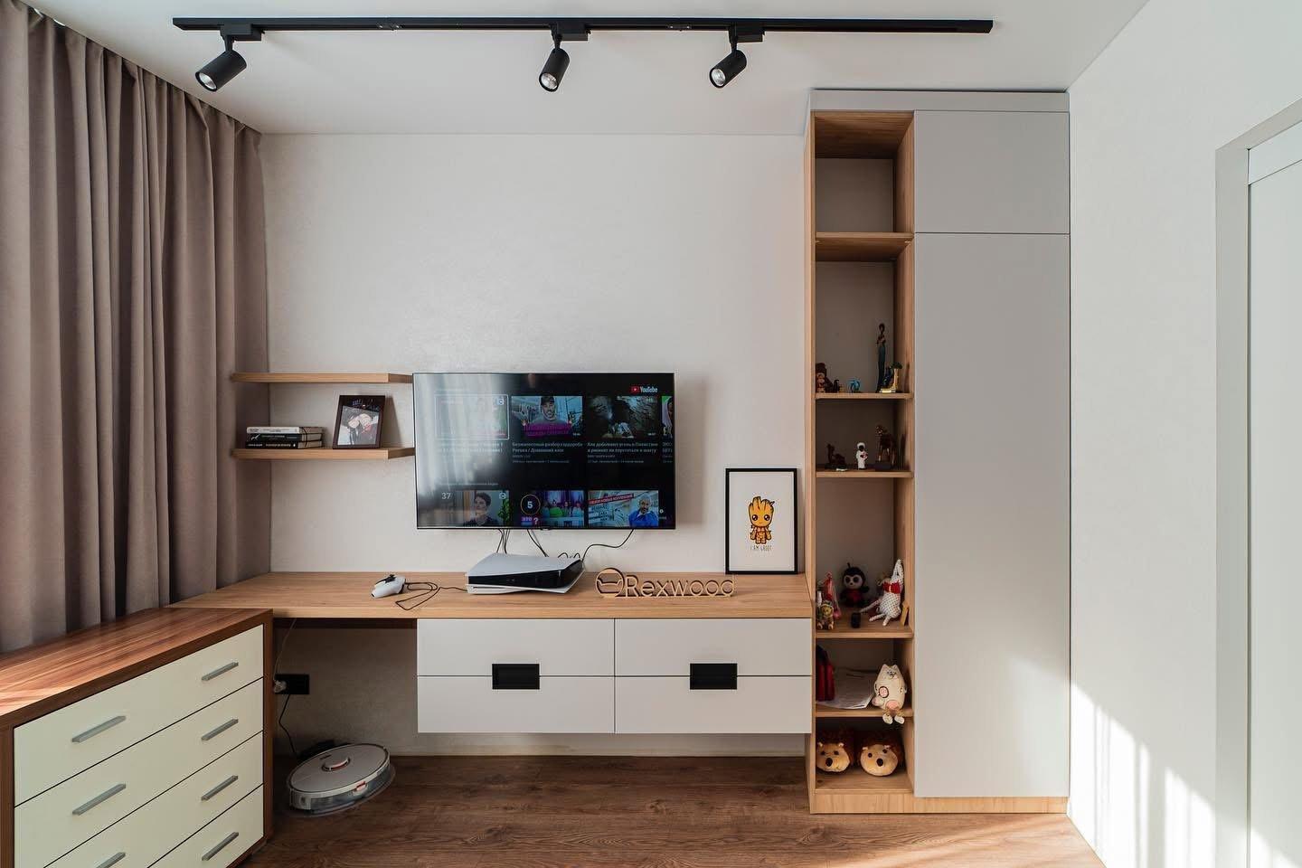 Oak & Grey Bedroom Media Desk with Open Shelving & Tall Wardrobe