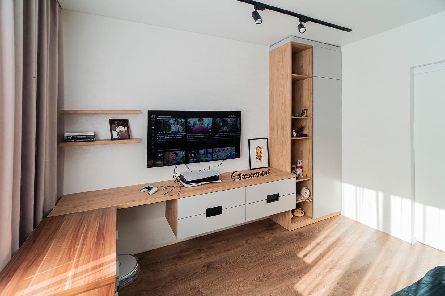 Oak & Grey Bedroom Media Desk with Open Shelving & Tall Wardrobe — 2