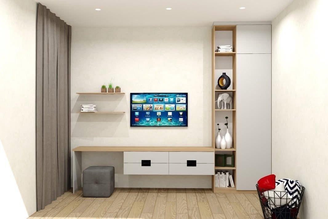 Oak & Grey Bedroom Media Desk with Open Shelving & Tall Wardrobe — 4