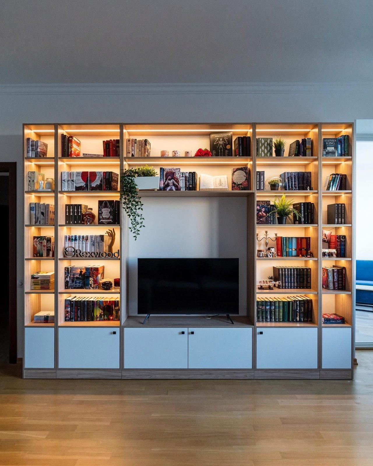 Oak & White Library Wall with Integrated Media Niche