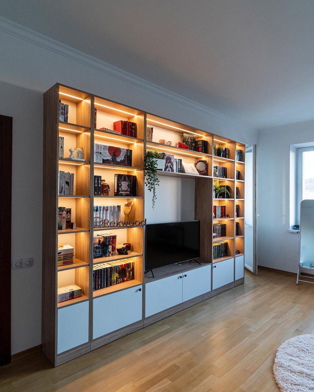 Oak & White Library Wall with Integrated Media Niche — 2