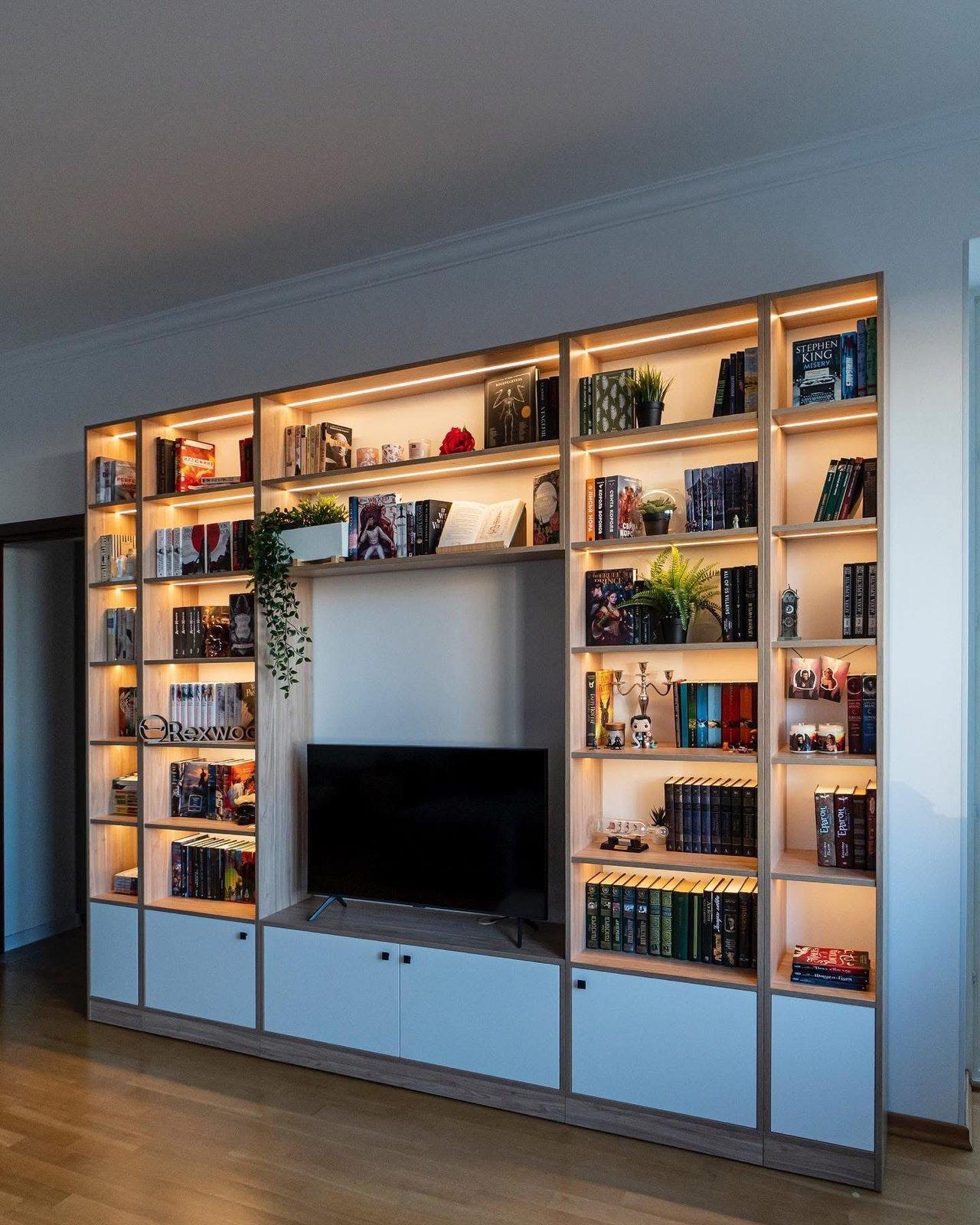 Oak & White Library Wall with Integrated Media Niche — 3