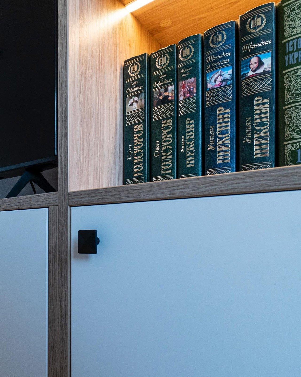 Oak & White Library Wall with Integrated Media Niche — 4