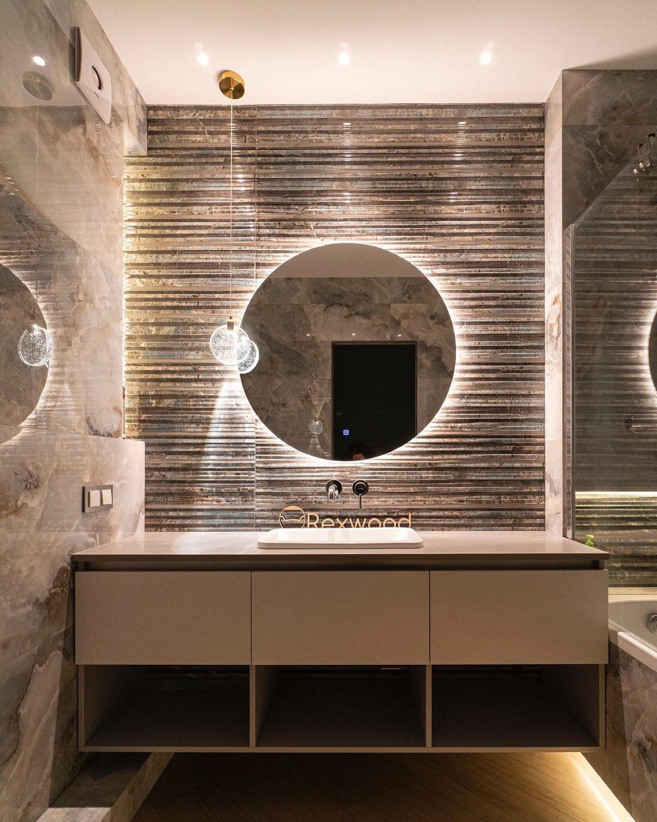 Floating Taupe Vanity with Open Shelving