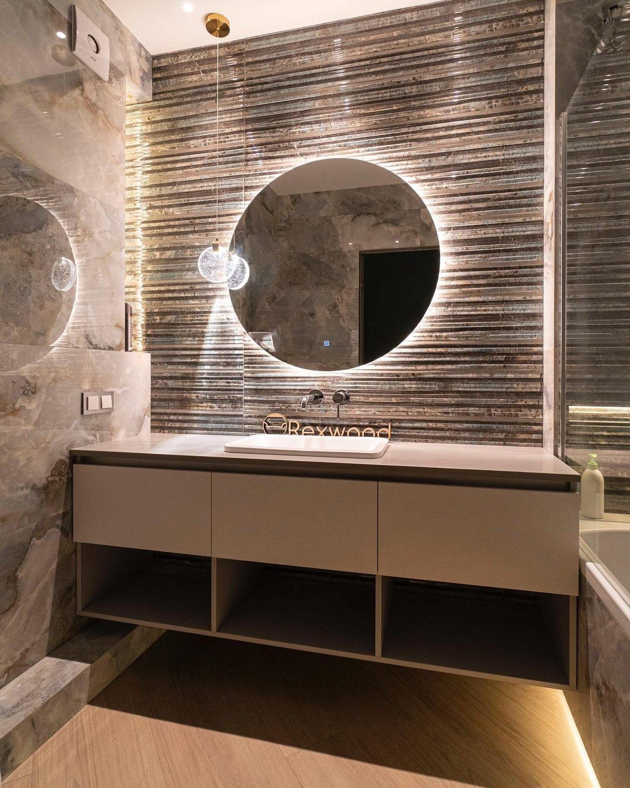 Floating Taupe Vanity with Open Shelving — 2