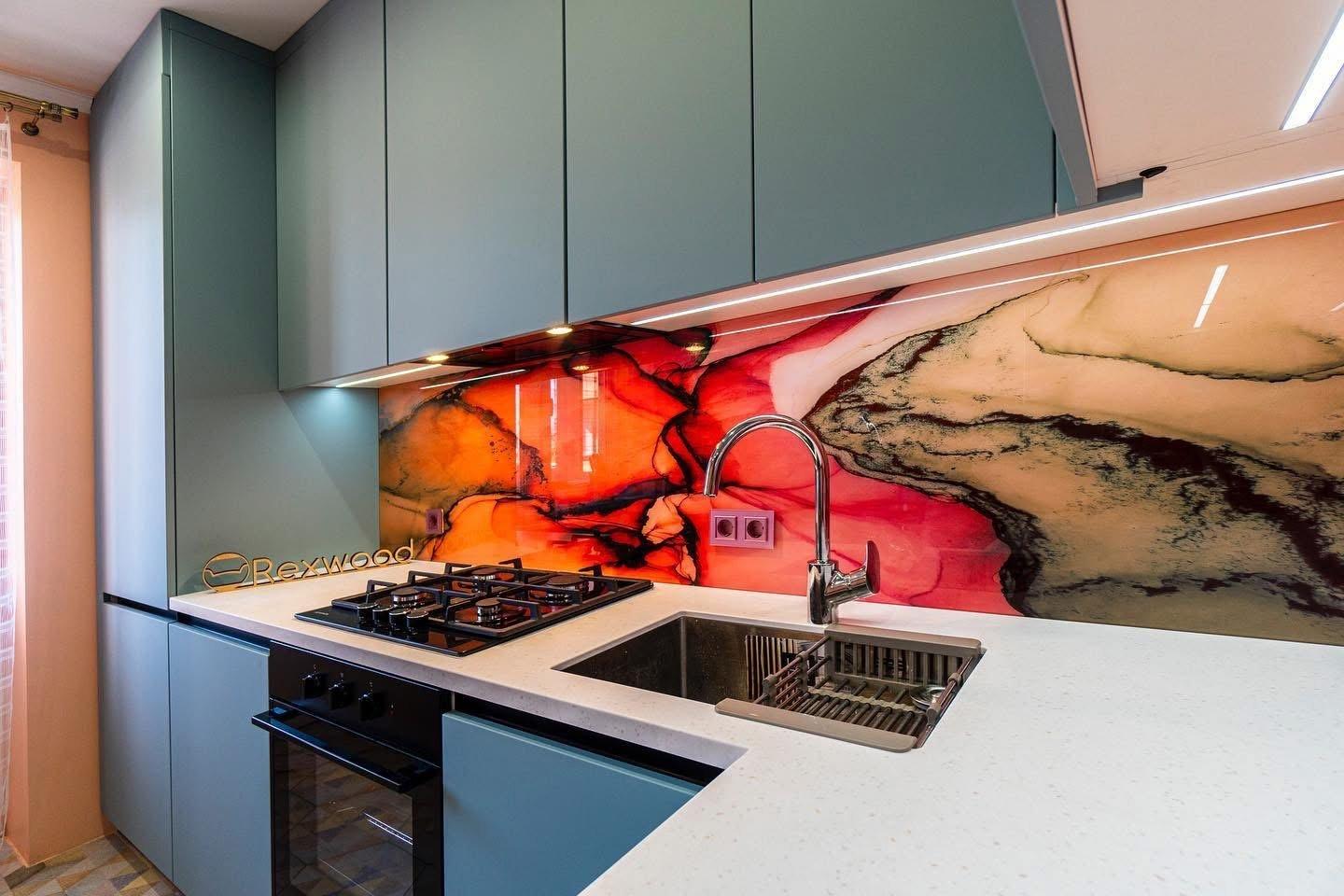 Teal Handleless L-Shaped Kitchen with Art Glass Splashback — 3