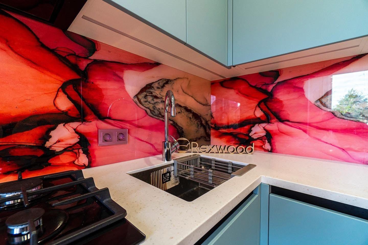 Teal Handleless L-Shaped Kitchen with Art Glass Splashback — 4