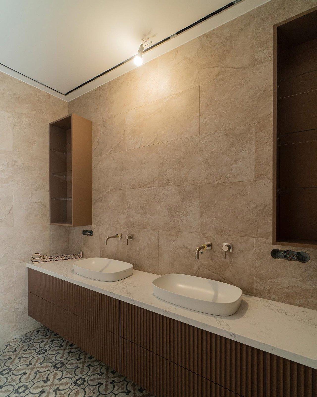 Bathroom with Terracotta Fluted Double Vanity & Open Wall Units — 2