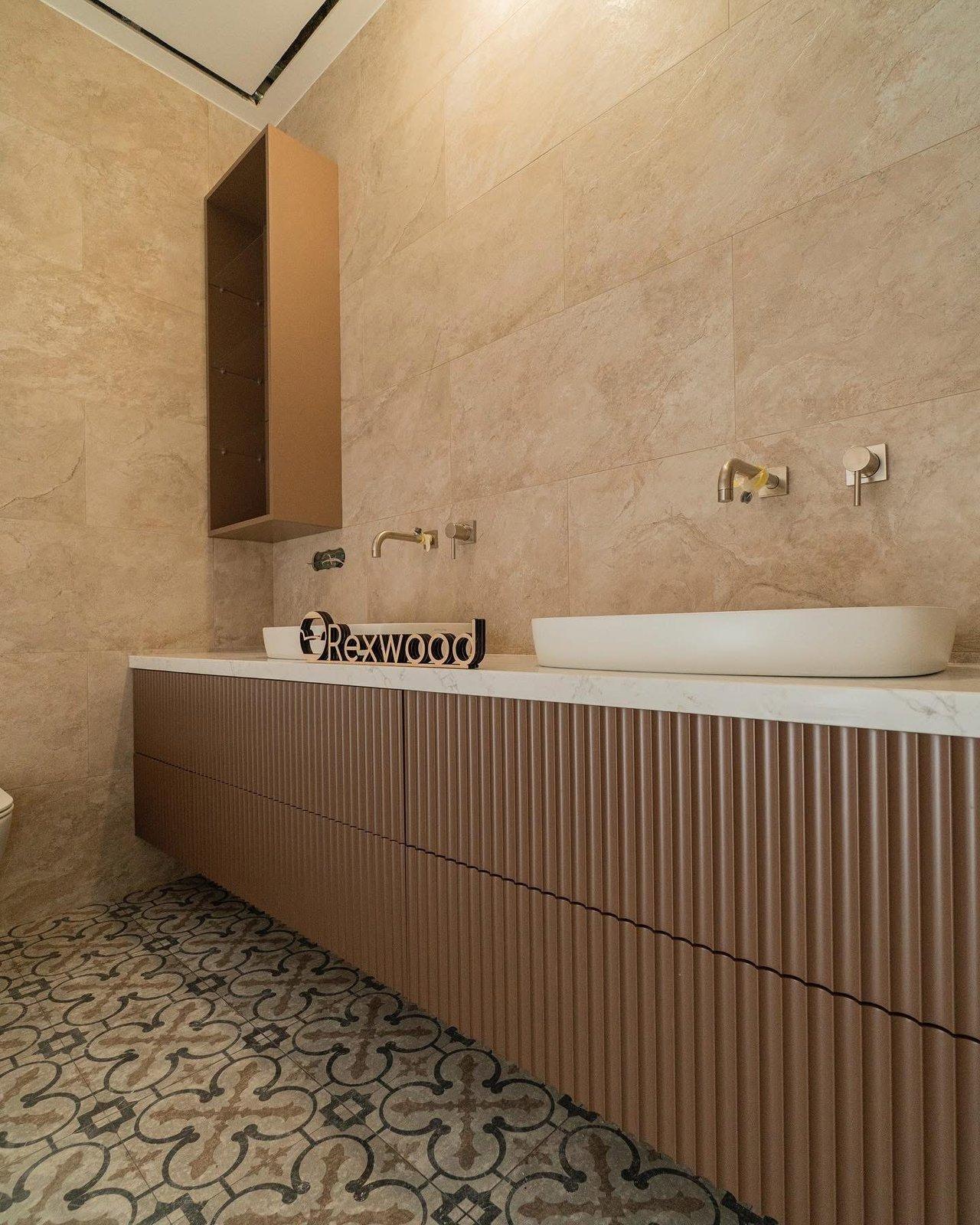 Bathroom with Terracotta Fluted Double Vanity & Open Wall Units — 3