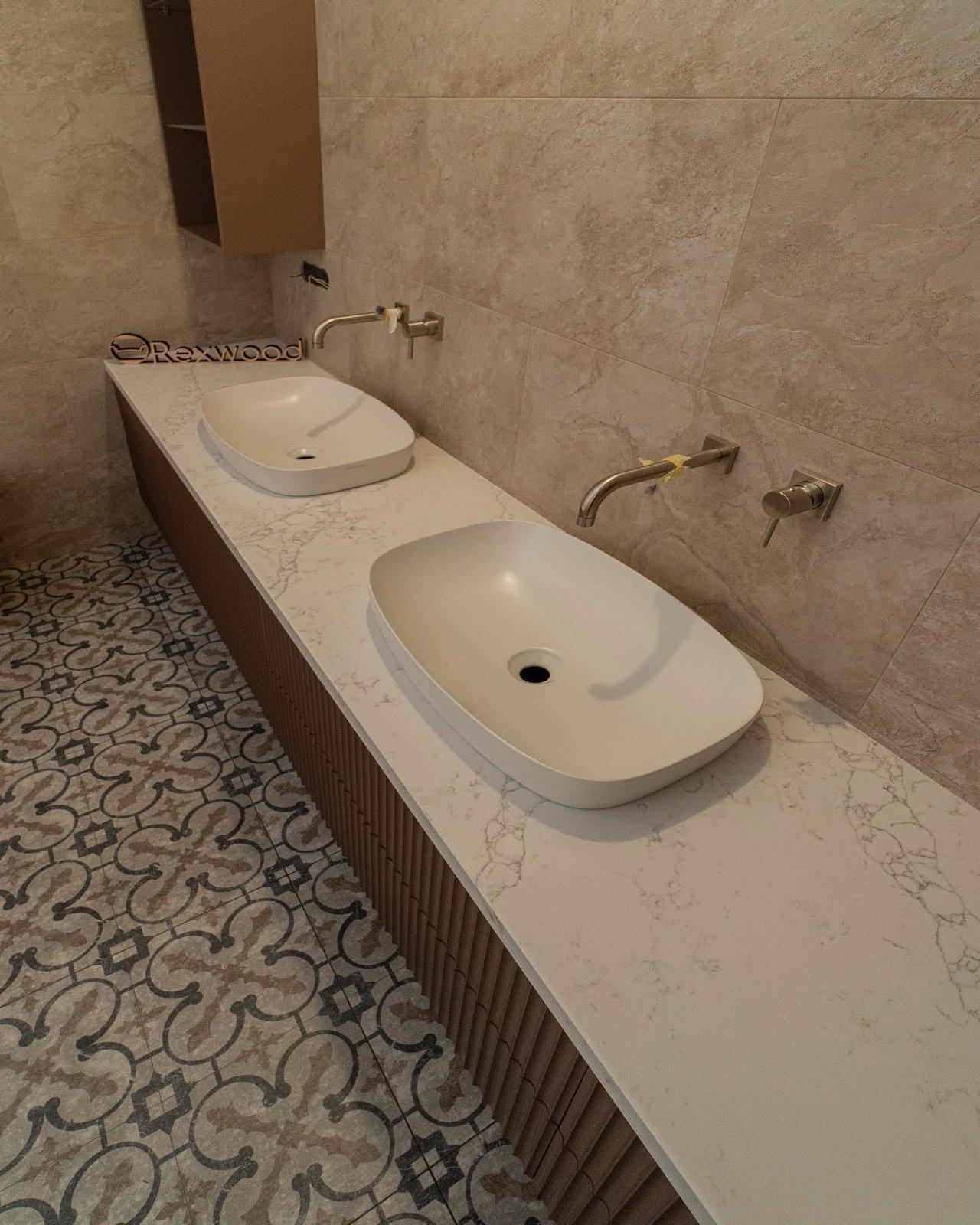 Bathroom with Terracotta Fluted Double Vanity & Open Wall Units — 4