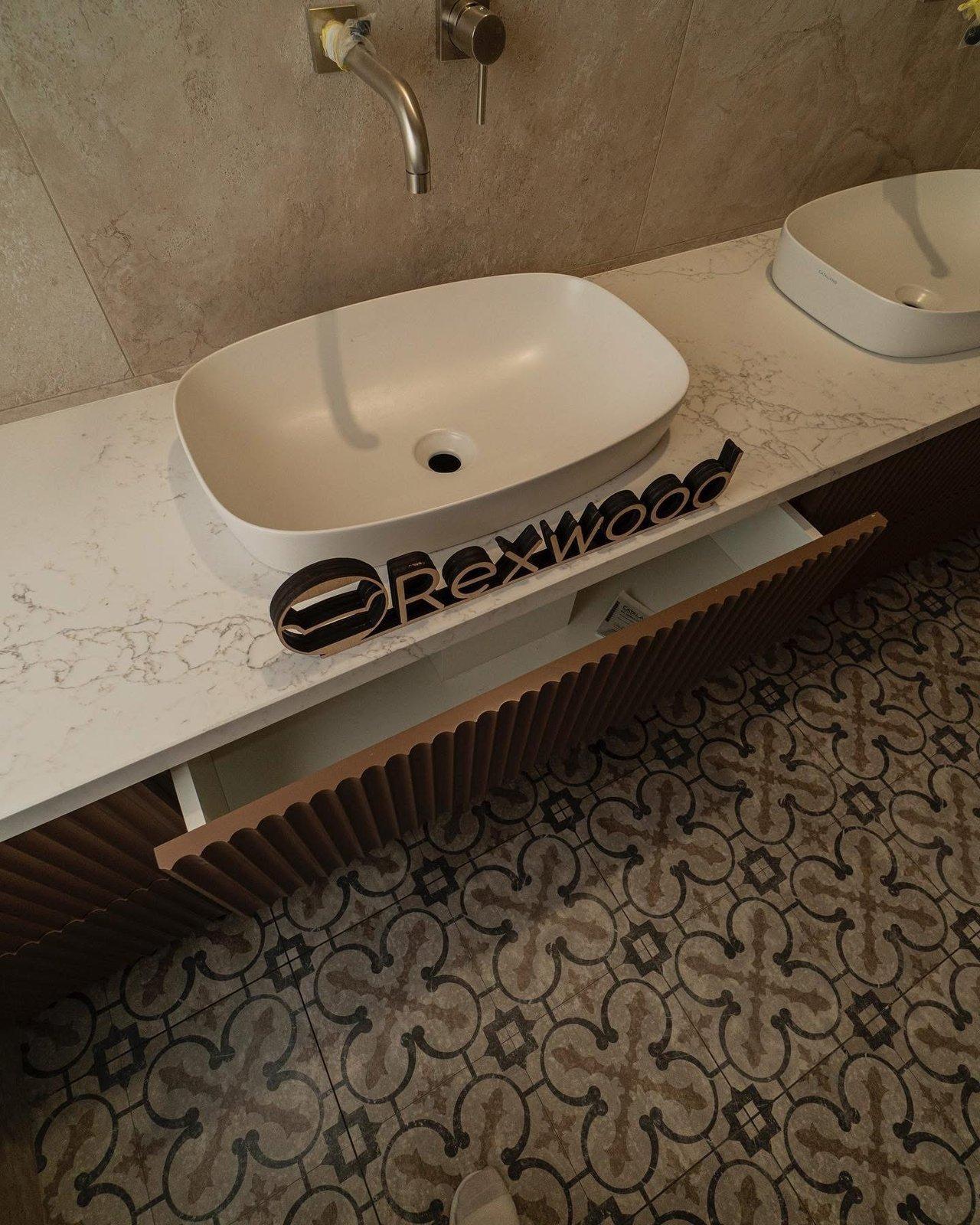 Bathroom with Terracotta Fluted Double Vanity & Open Wall Units — 5